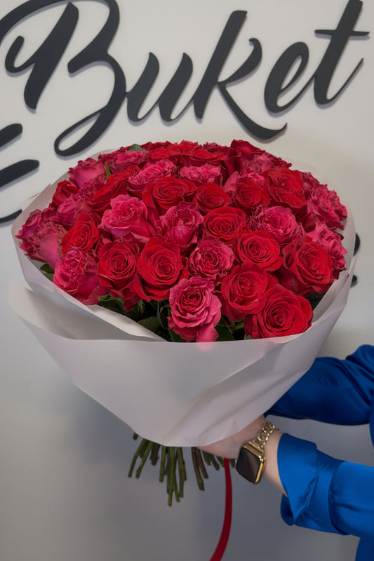 Red roses with crystals bouquet in white wrap