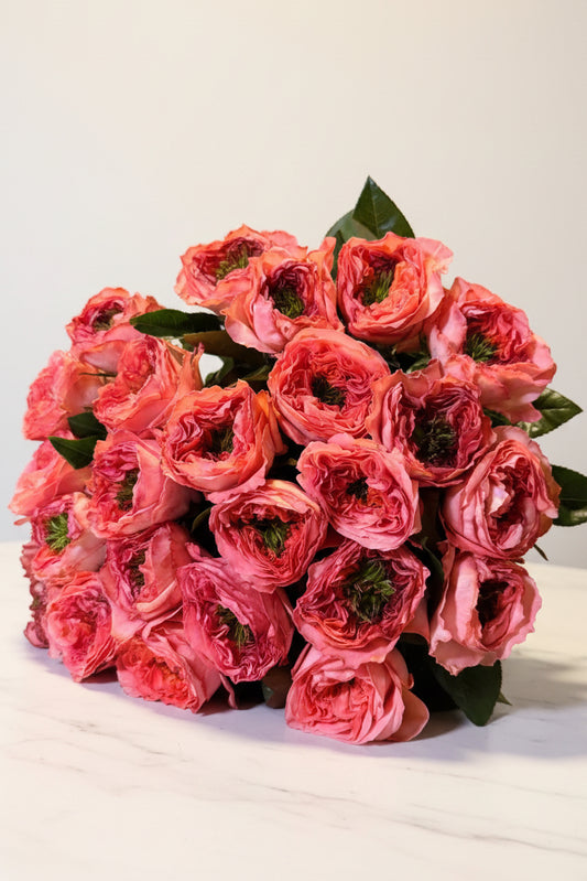 Mandarin coral peony roses dome bouquet