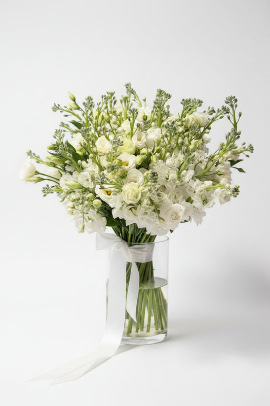 White eustoma and matthiola bouquet natural style