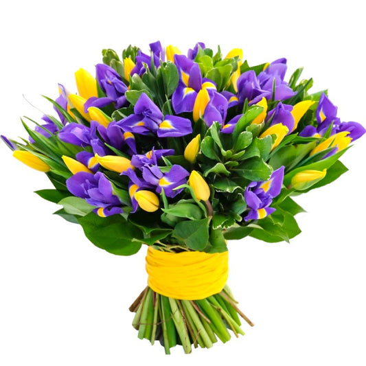 Bouquet 21 Yellow Tulips and 23 Irises